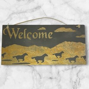 Charles Mason Engraved Slate Stone Western Welcome Sign with Horses